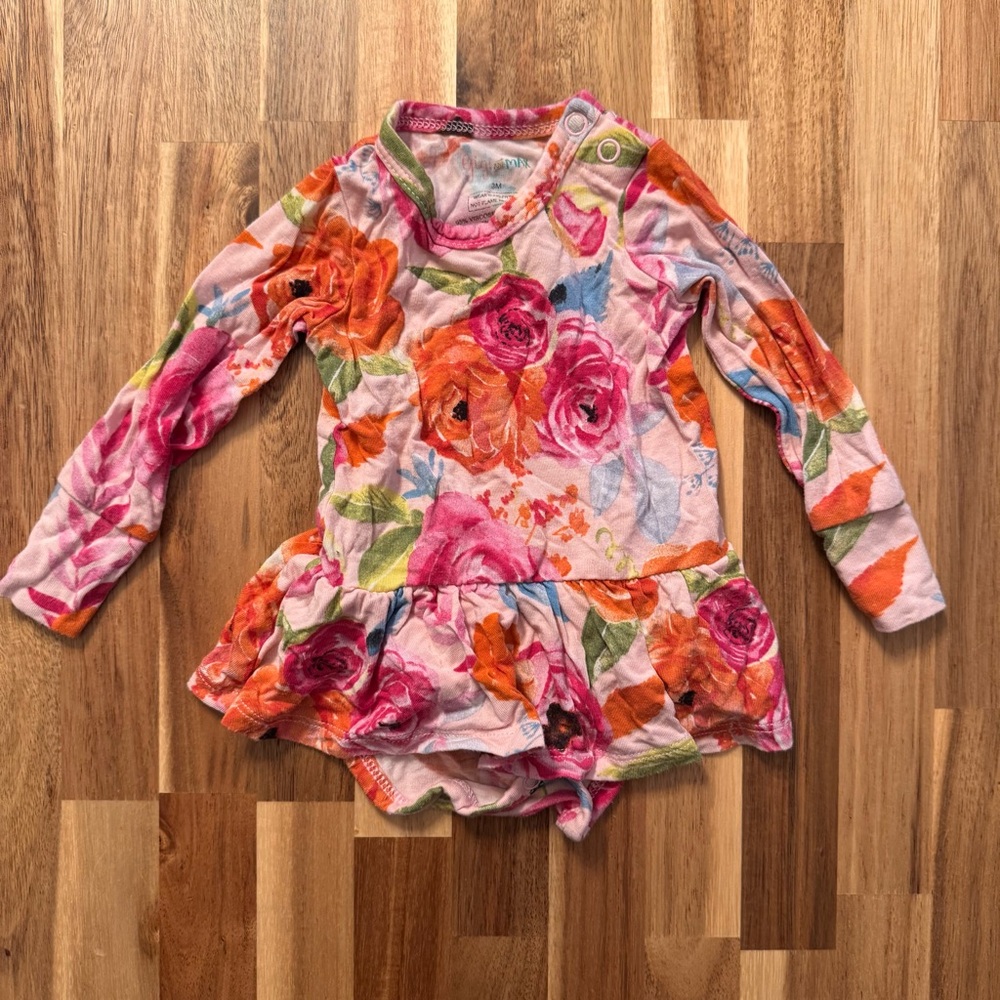Gigi and Max‎ Floral Bamboo Ruffle Romper Pink Orange Long Sleeve 3M